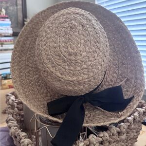 Helen Kaminski Natural Straw Wide-Brim Hat with Black Ribbon